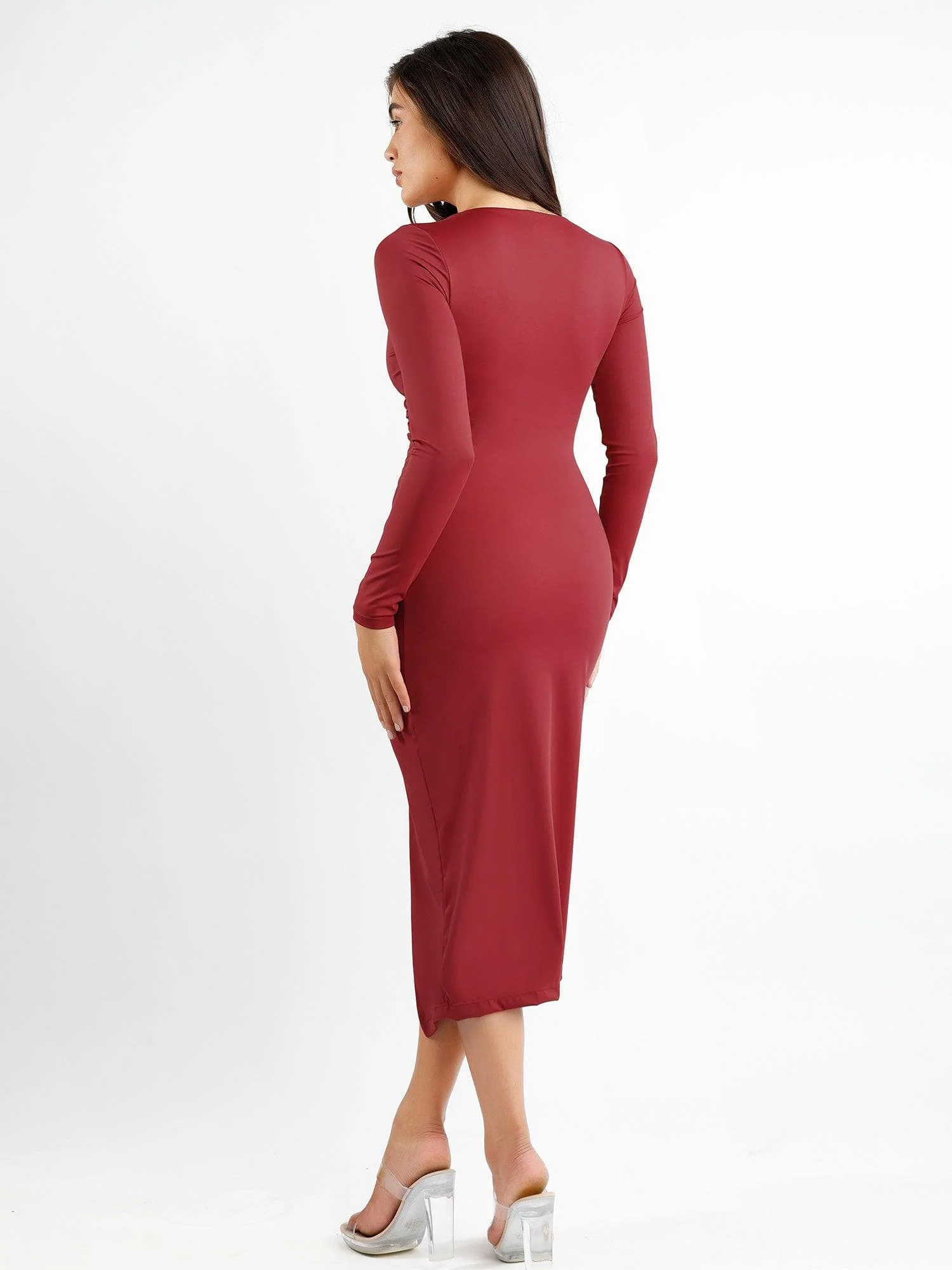 Shapewear Ruched Long Sleeve Faux Wrap Slimming Midi Dress For Insiders - Image 6
