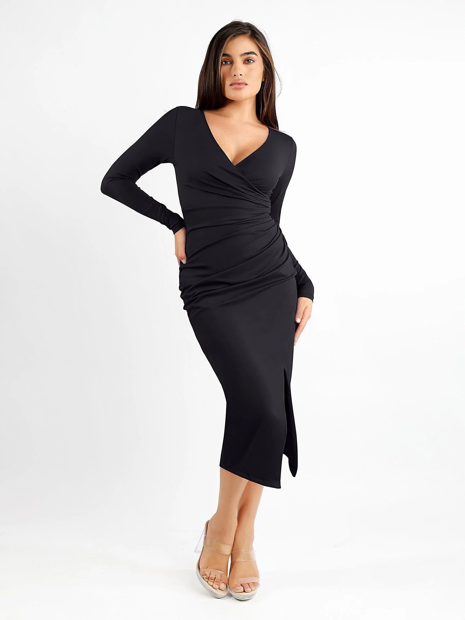 Shapewear Ruched Long Sleeve Faux Wrap Slimming Midi Dress For Insiders - Image 8