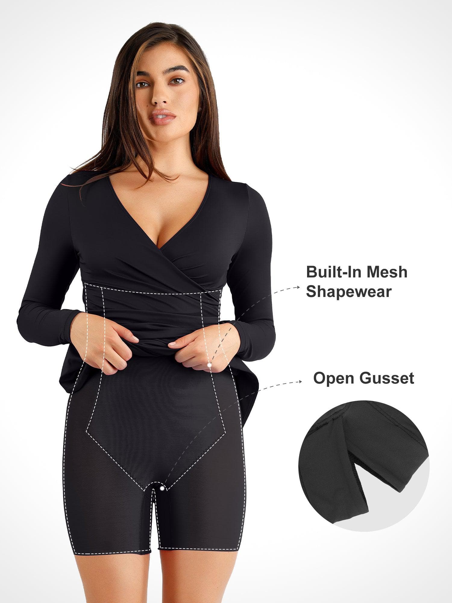 Shapewear Ruched Long Sleeve Faux Wrap Slimming Midi Dress - Image 3