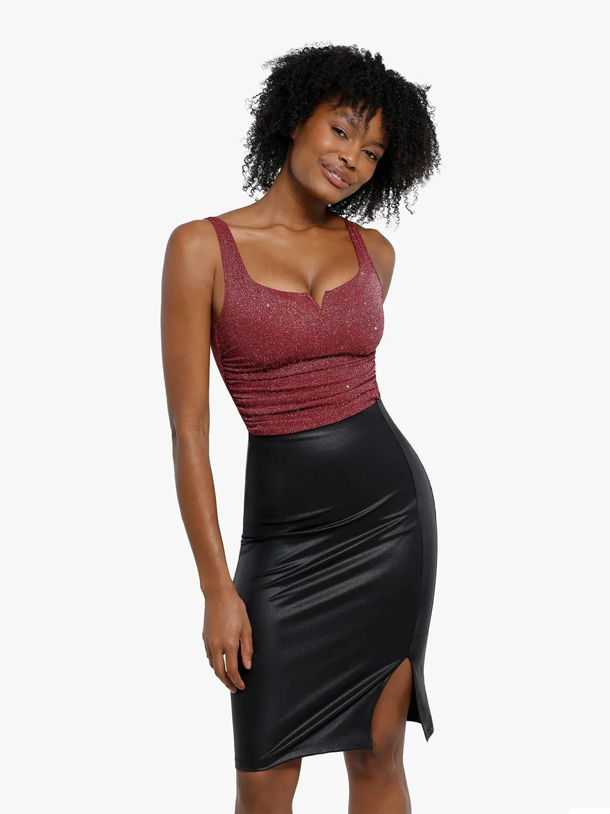 Shapewear Ruched Metallic Knit Square Neck Slimming Bodysuit - Image 11