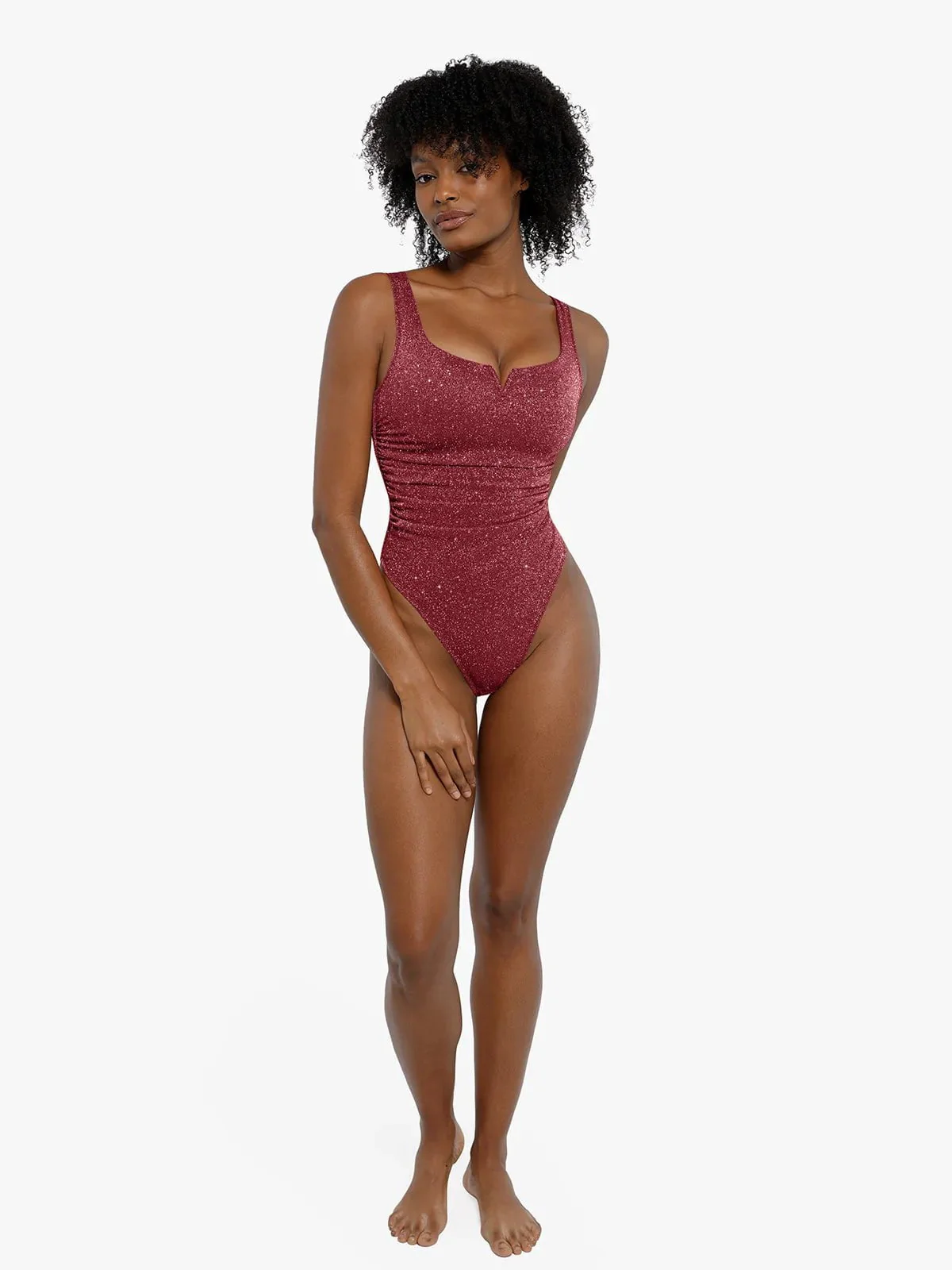 Shapewear Ruched Metallic Knit Square Neck Slimming Bodysuit - Image 12