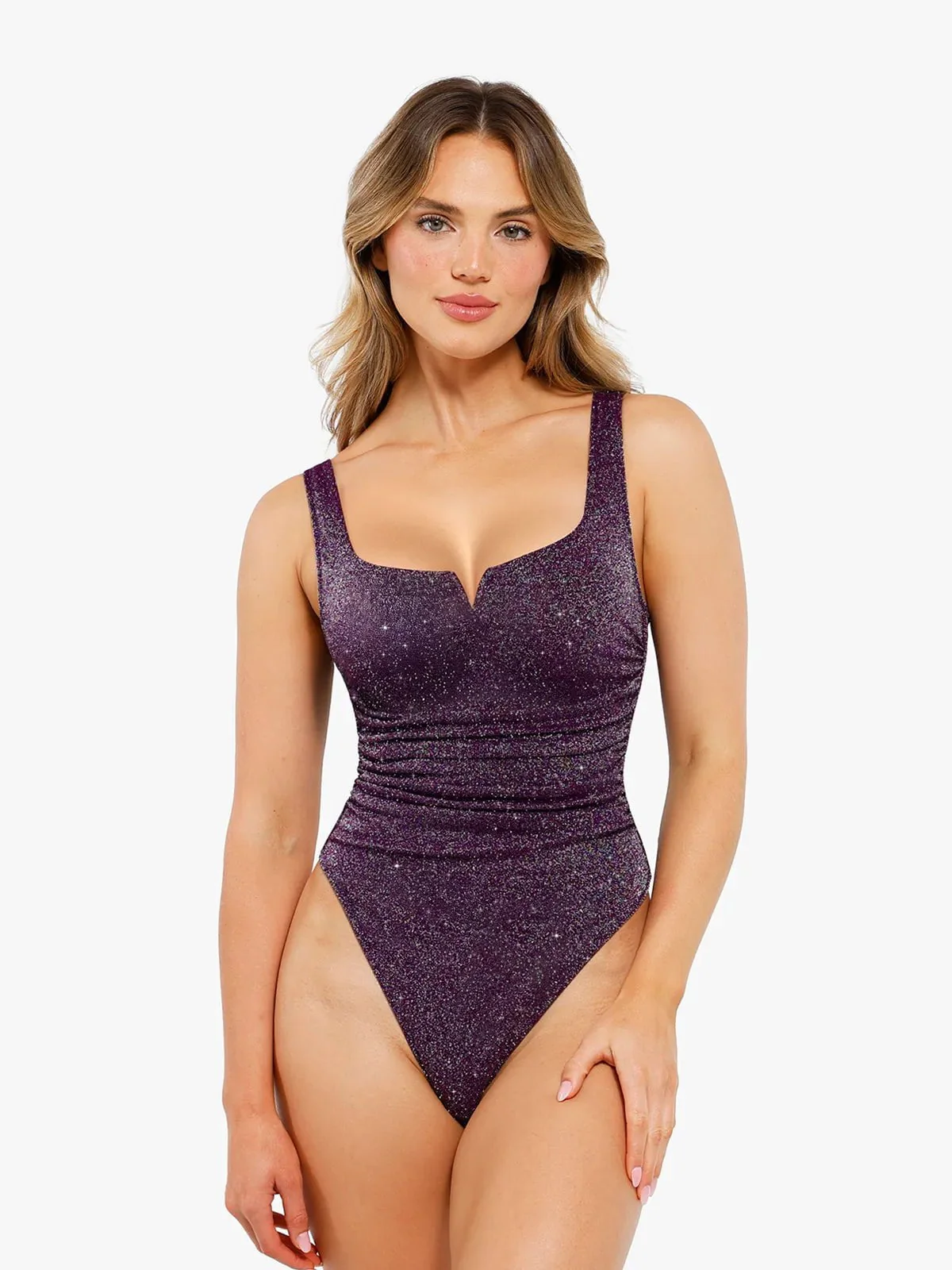 Shapewear Ruched Metallic Knit Square Neck Slimming Bodysuit - Image 15