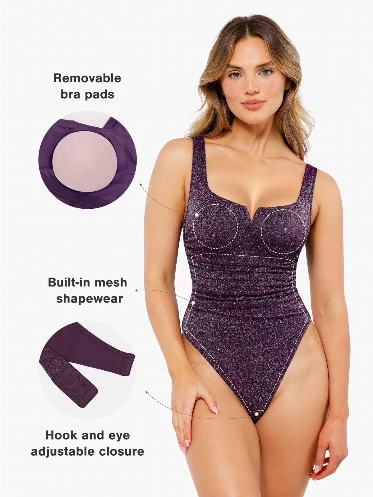 Shapewear Ruched Metallic Knit Square Neck Slimming Bodysuit - Image 16