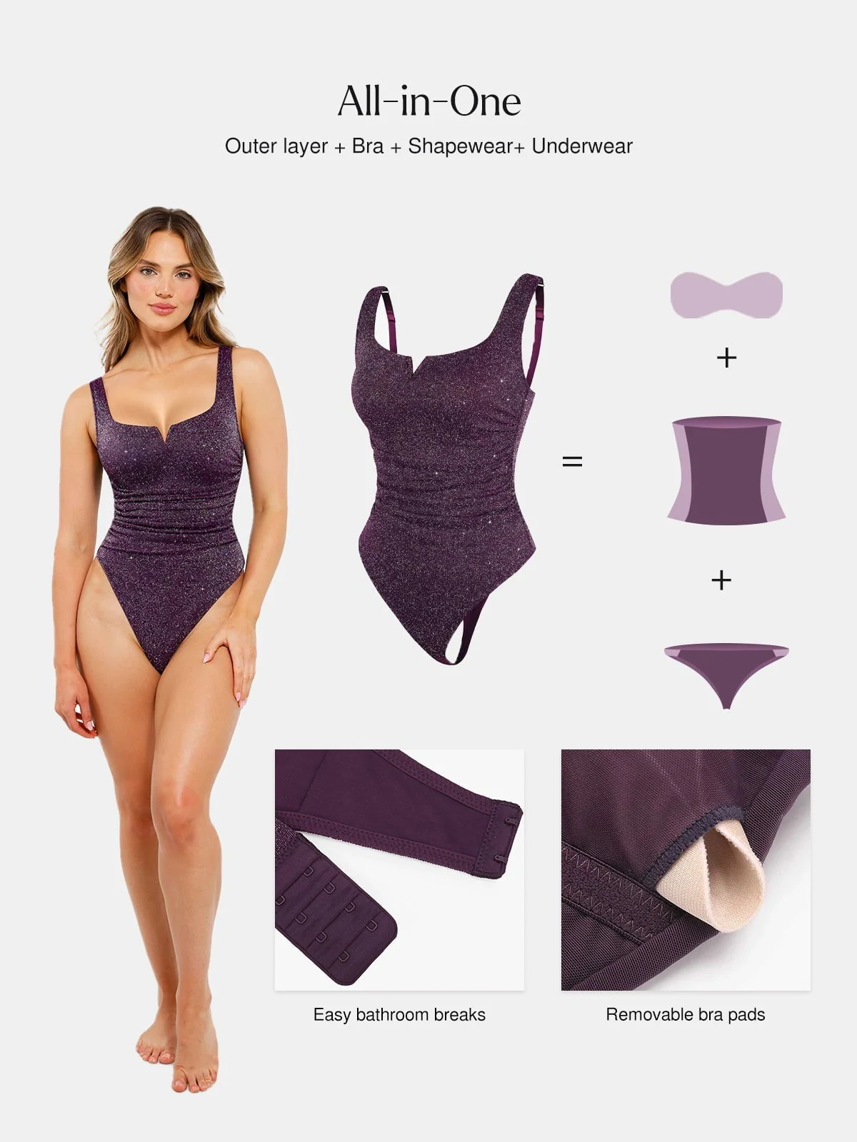 Shapewear Ruched Metallic Knit Square Neck Slimming Bodysuit - Image 18