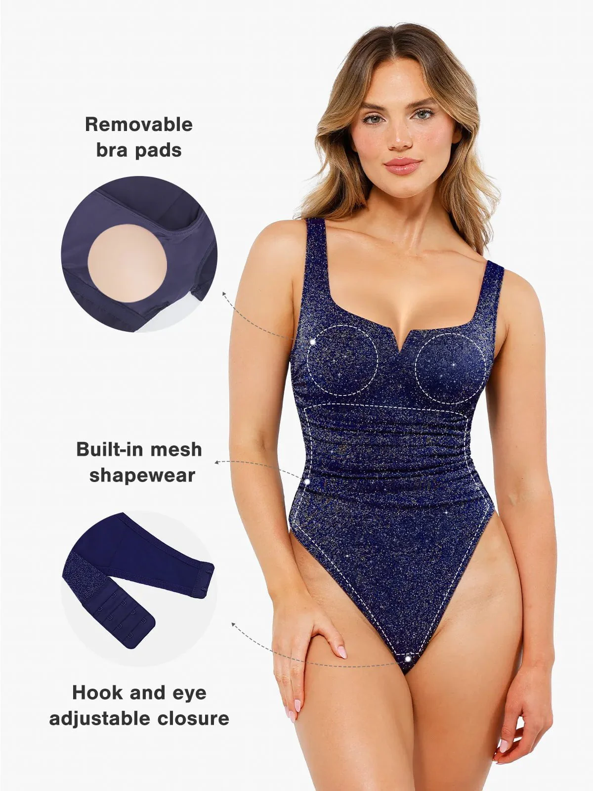 Shapewear Ruched Metallic Knit Square Neck Slimming Bodysuit - Image 25