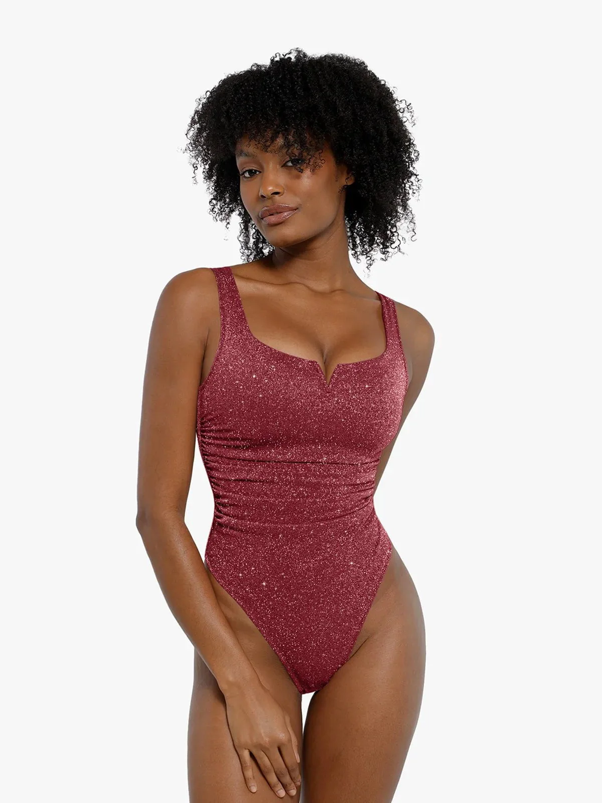 Shapewear Ruched Metallic Knit Square Neck Slimming Bodysuit - Image 7