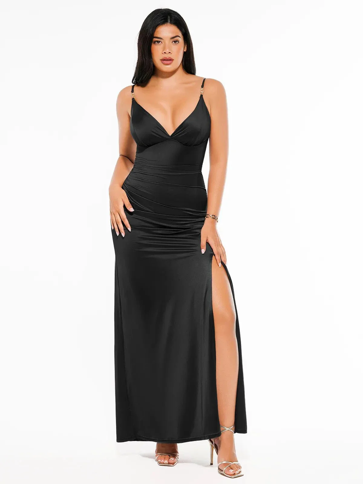Shapewear Satin Deep-V Front Slit Maxi Dress - Image 29