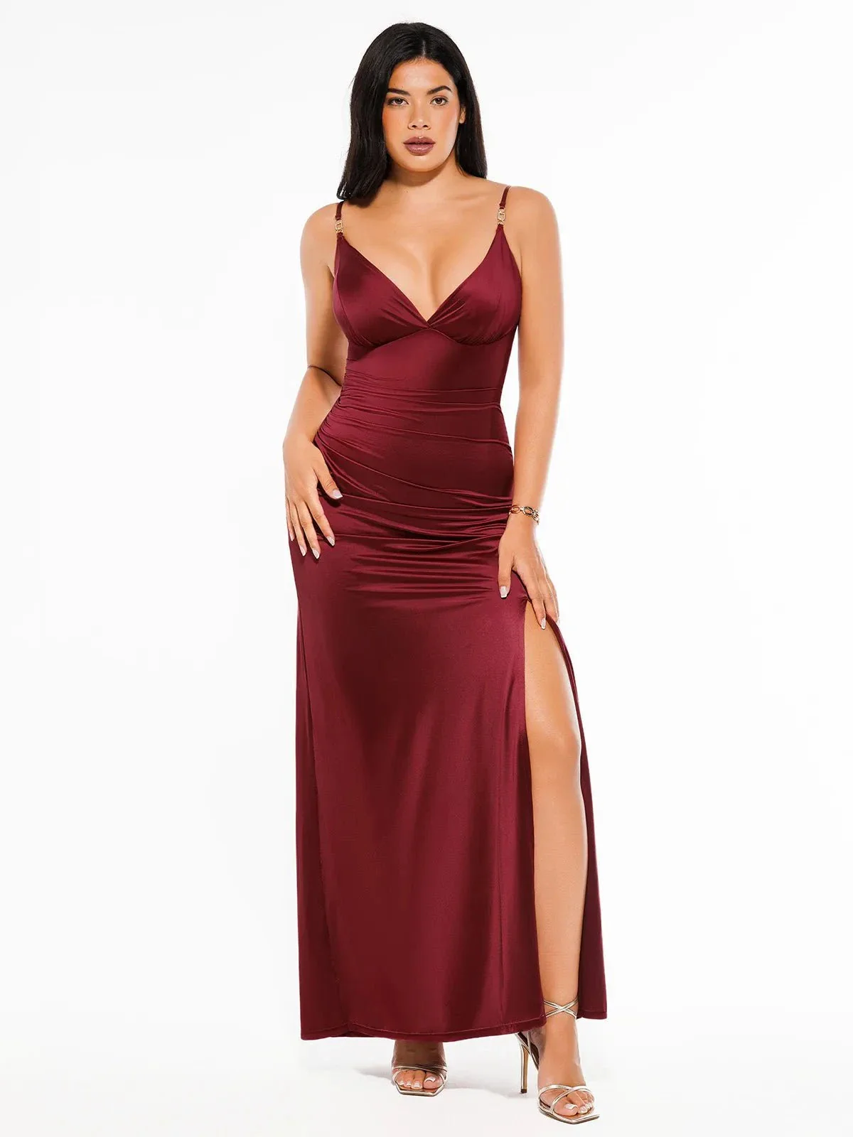 Shapewear Satin Deep-V Front Slit Maxi Dress - Image 7