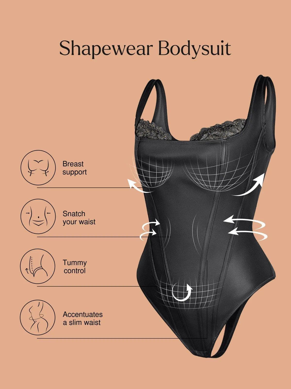 Shapewear Sculpting Faux Leather Lace Bodysuit Skirt Set - Image 3