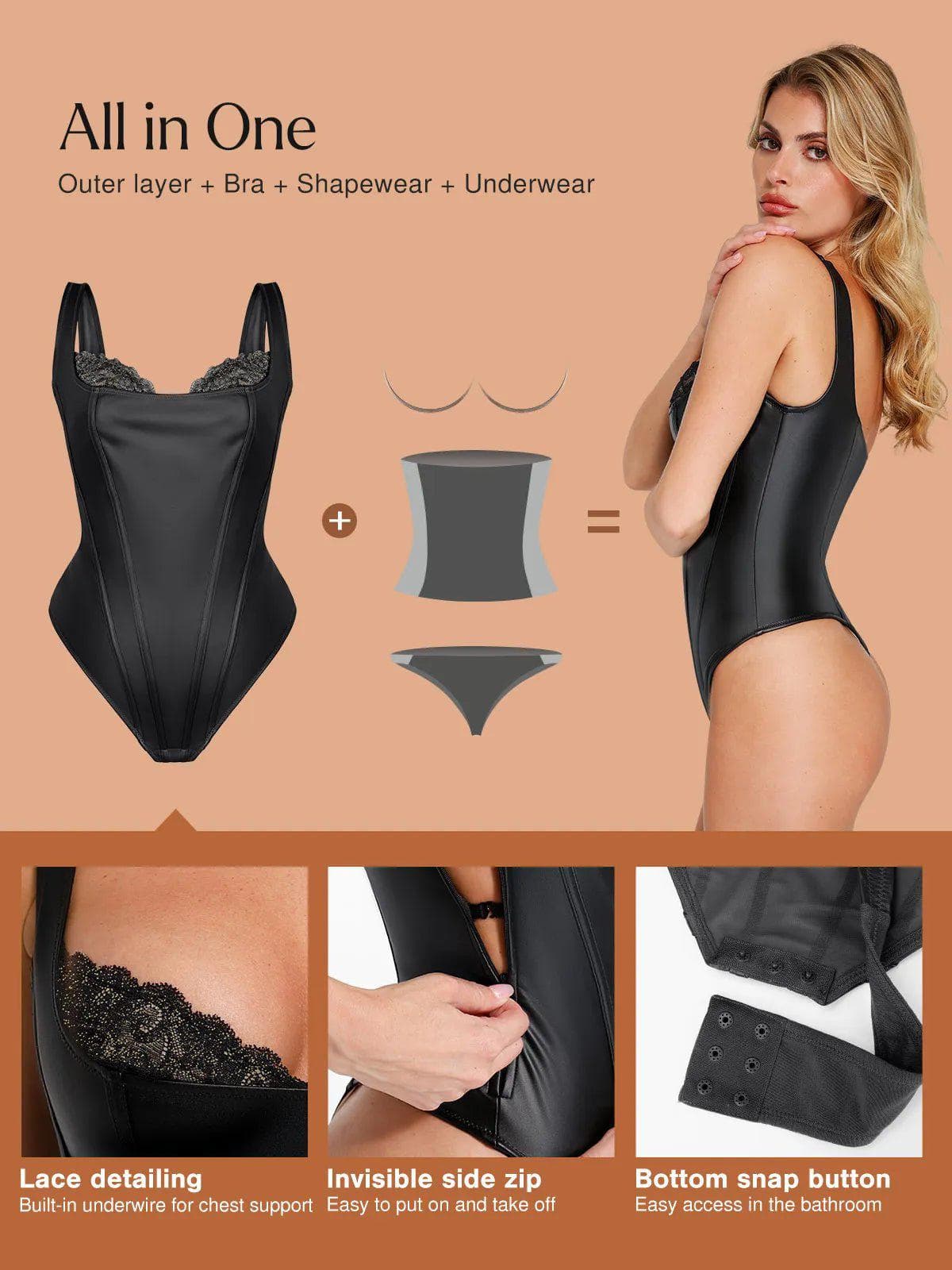 Shapewear Sculpting Faux Leather Lace Bodysuit Skirt Set - Image 4