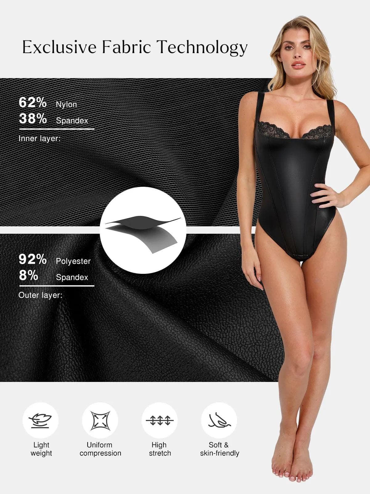 Shapewear Sculpting Faux Leather Lace Bodysuit Skirt Set - Image 5