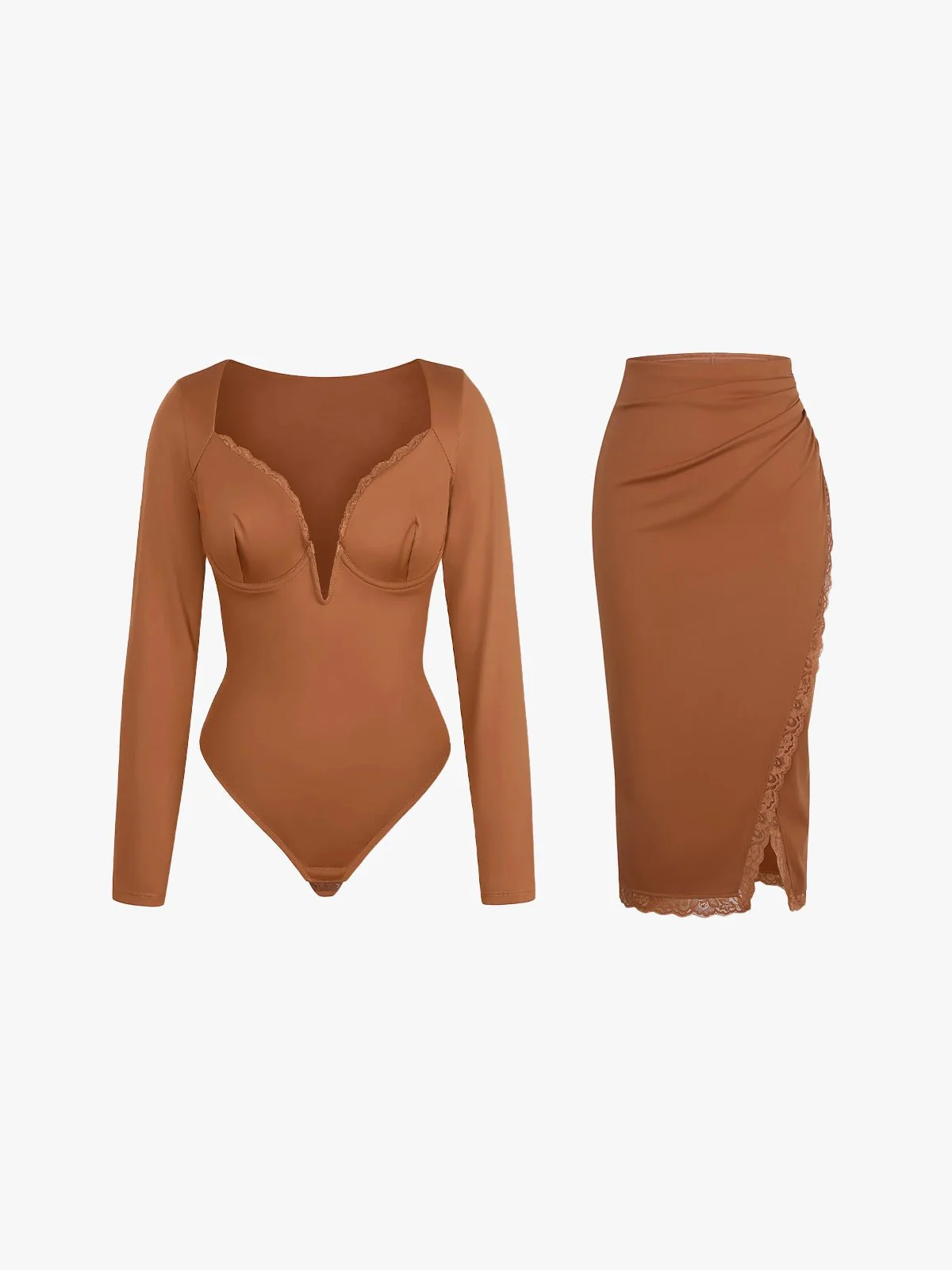 Shapewear Sculpting Lace Trim Bodysuit Midi Wrap Skirt Set - Image 3
