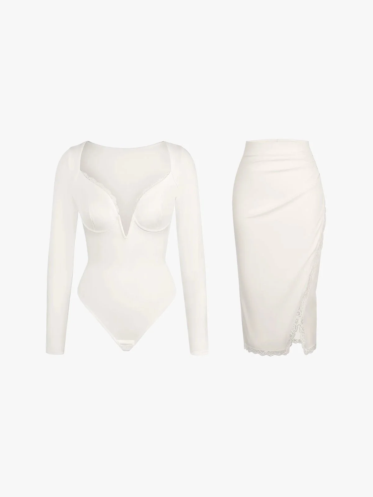Shapewear Sculpting Lace Trim Bodysuit Midi Wrap Skirt Set - Image 4