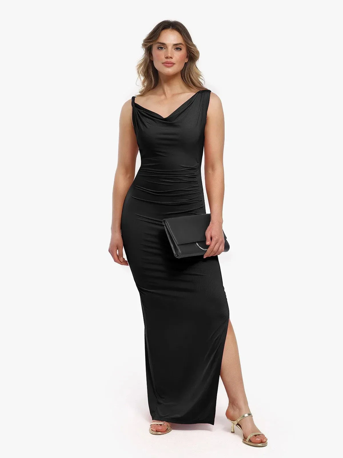 Shapewear Solid Cowl Neck Ruched Sculpting Maxi Dress - Image 7
