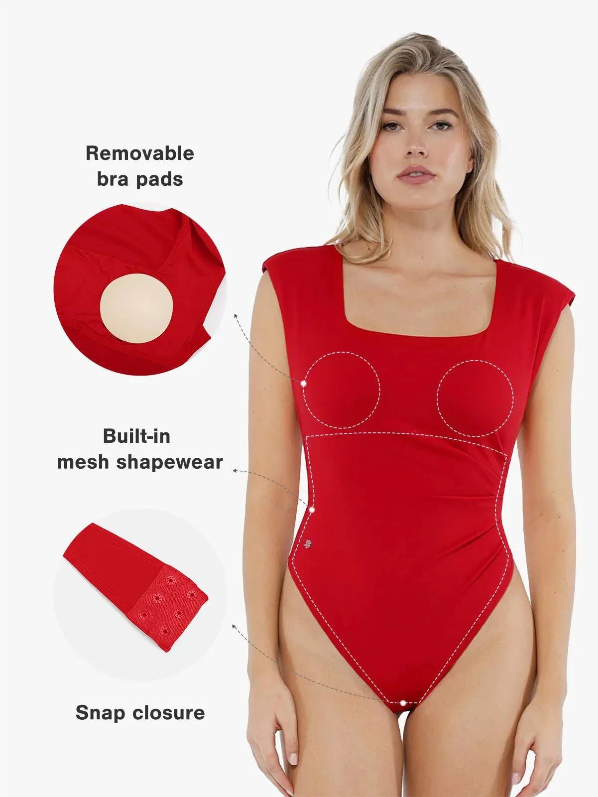 Shapewear Square Neck Padded Shoulder Slimming Bodysuit - Image 2