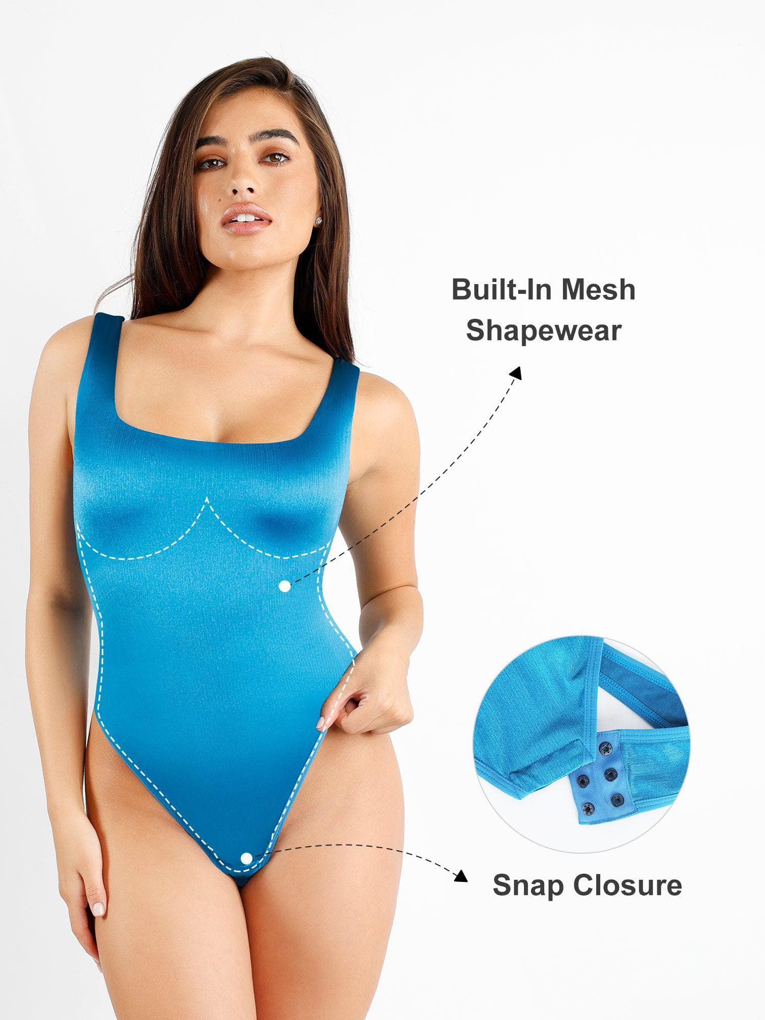 Shapewear Square Neck Smoothing Shine Thong Bodysuit - Image 5