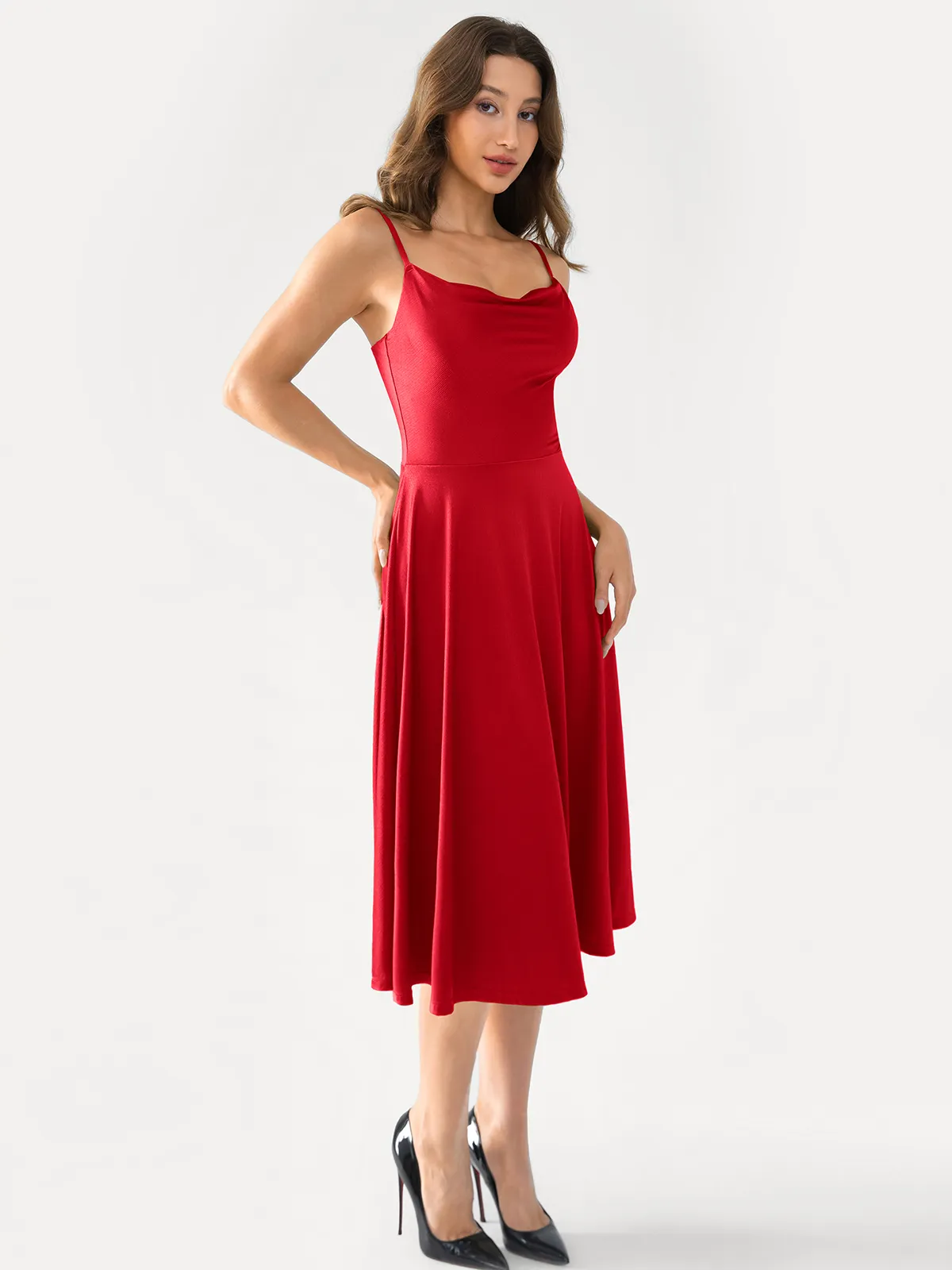 Shapewear Strappy Cowl Neck Fit & Flare Midi Dress - Image 33
