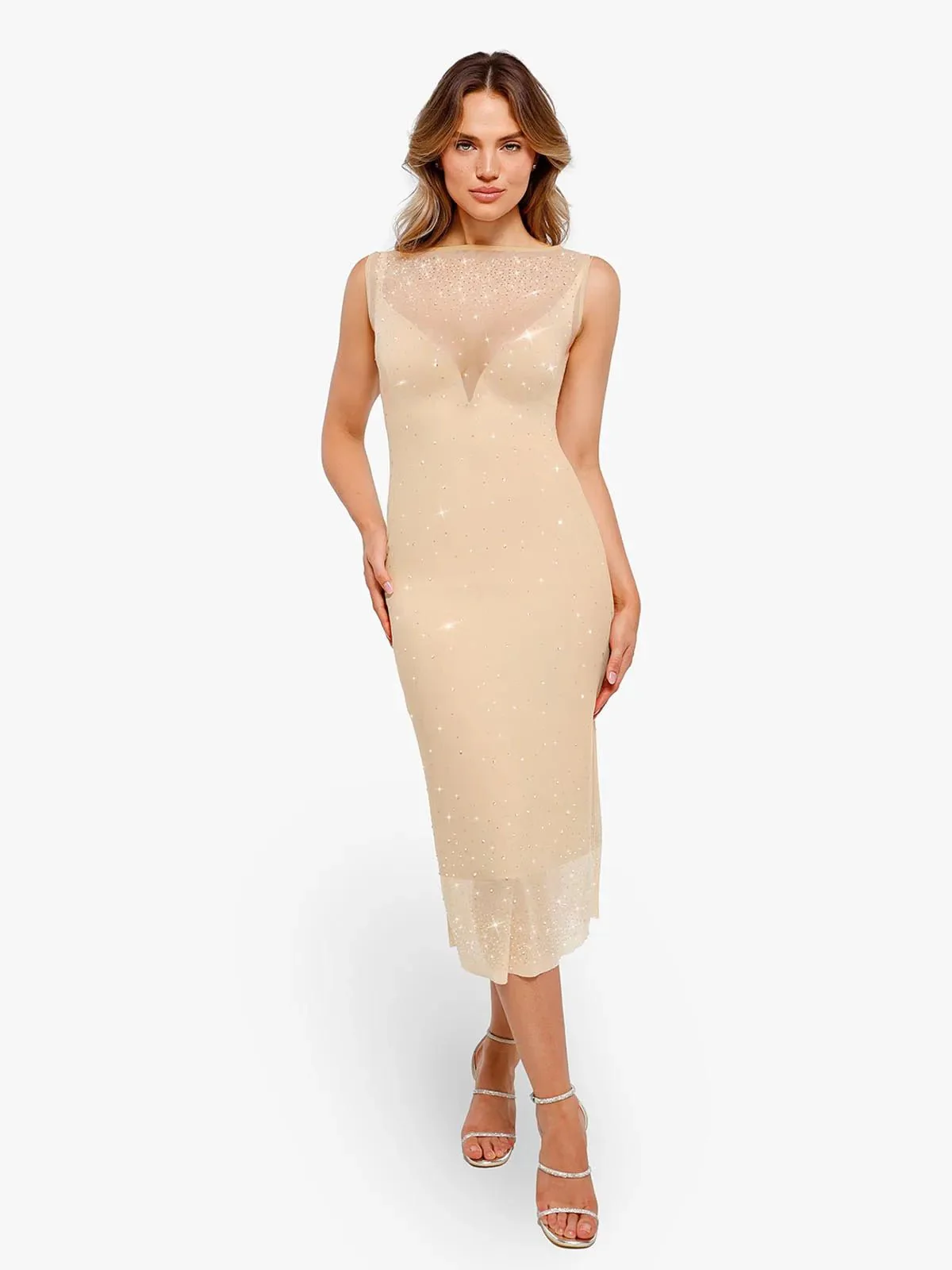 Shapewear Two-in-One Heat-Set Crystal Mesh Slim Midi Dress - Image 17