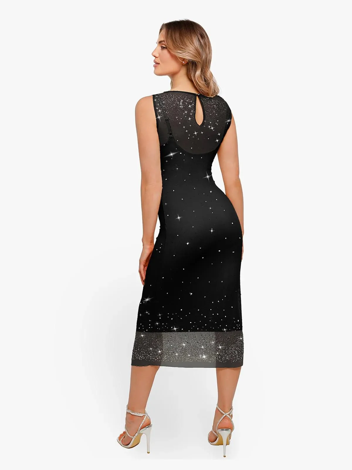Shapewear Two-in-One Heat-Set Crystal Mesh Slim Midi Dress - Image 30