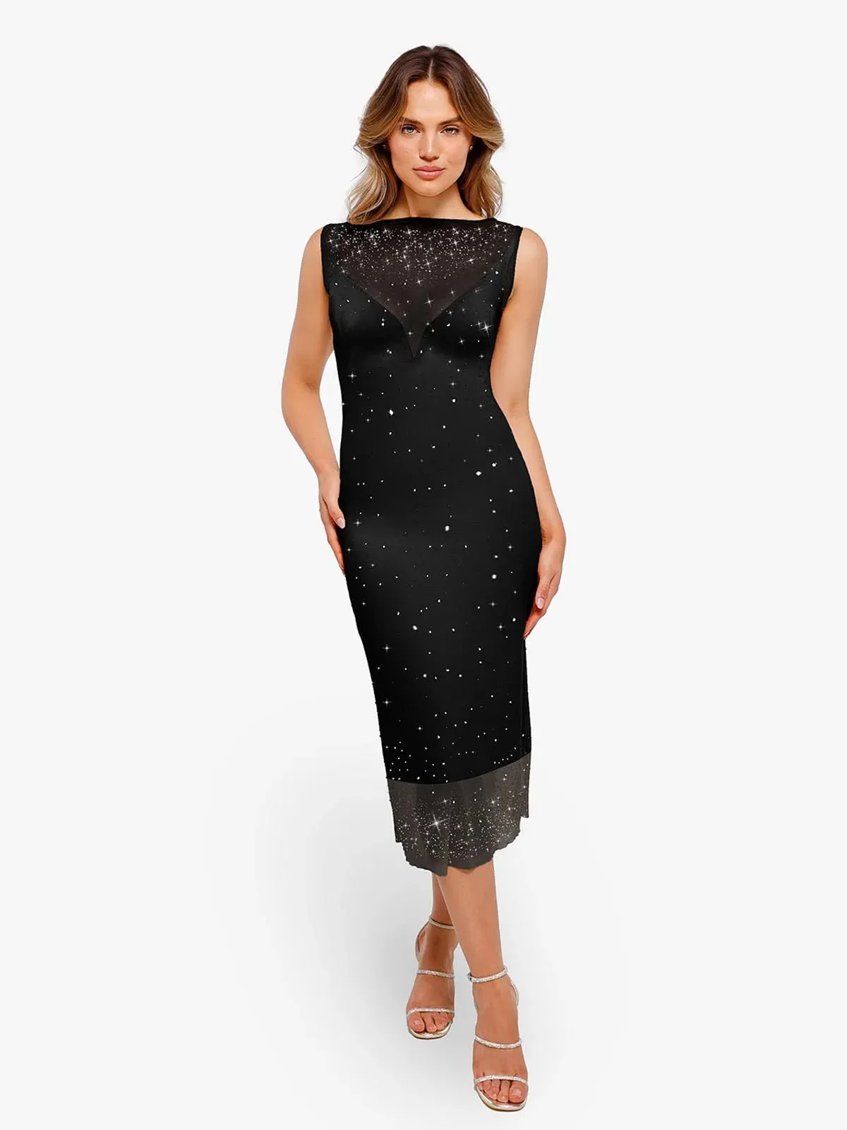 Shapewear Two-in-One Heat-Set Crystal Mesh Slim Midi Dress - Image 32