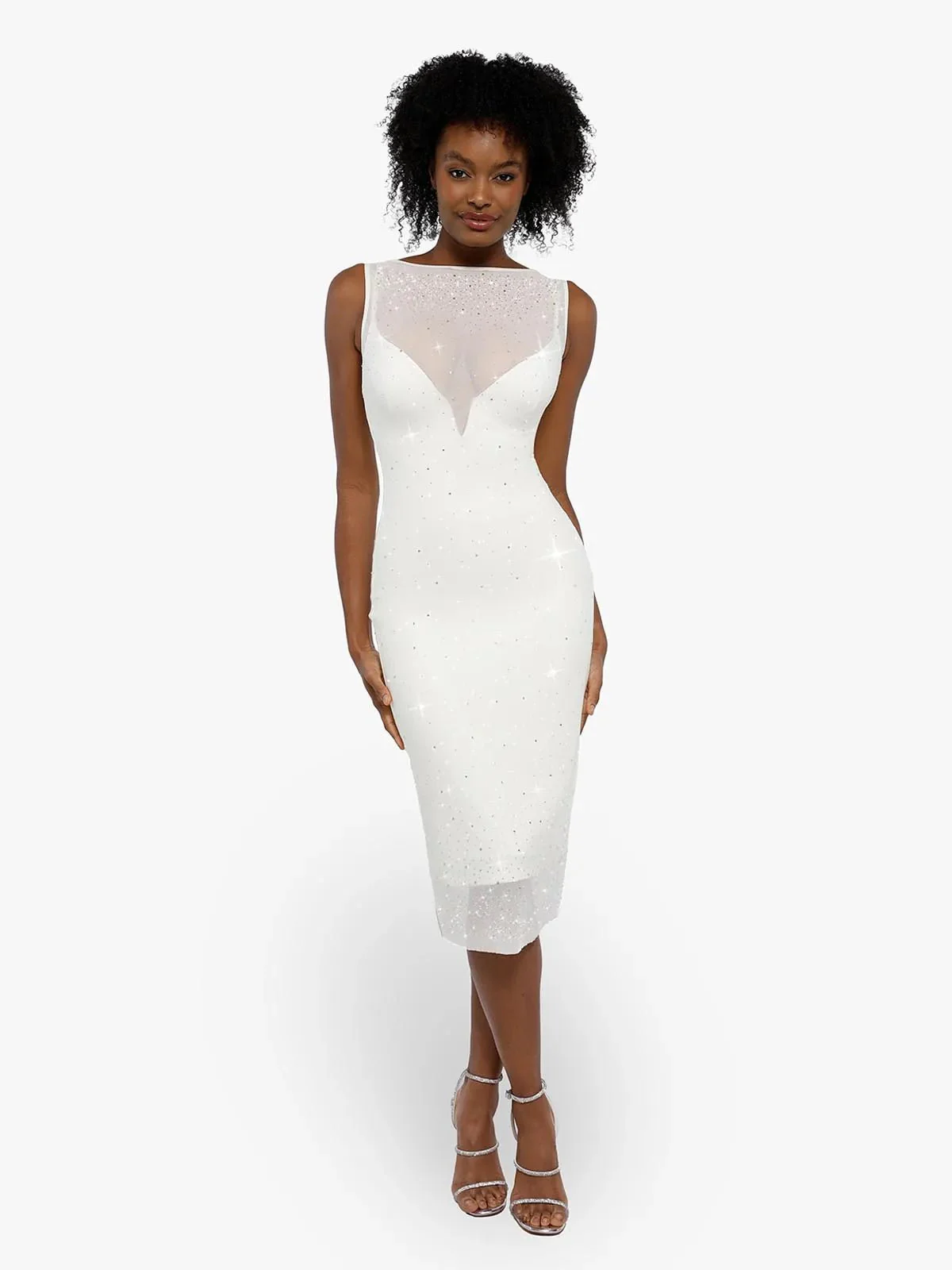 Shapewear Two-in-One Heat-Set Crystal Mesh Slim Midi Dress - Image 5
