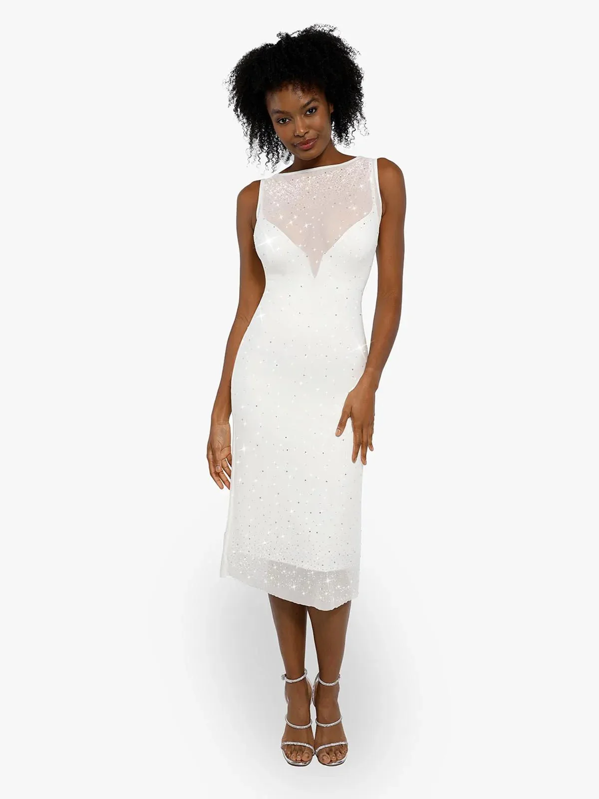 Shapewear Two-in-One Heat-Set Crystal Mesh Slim Midi Dress - Image 6