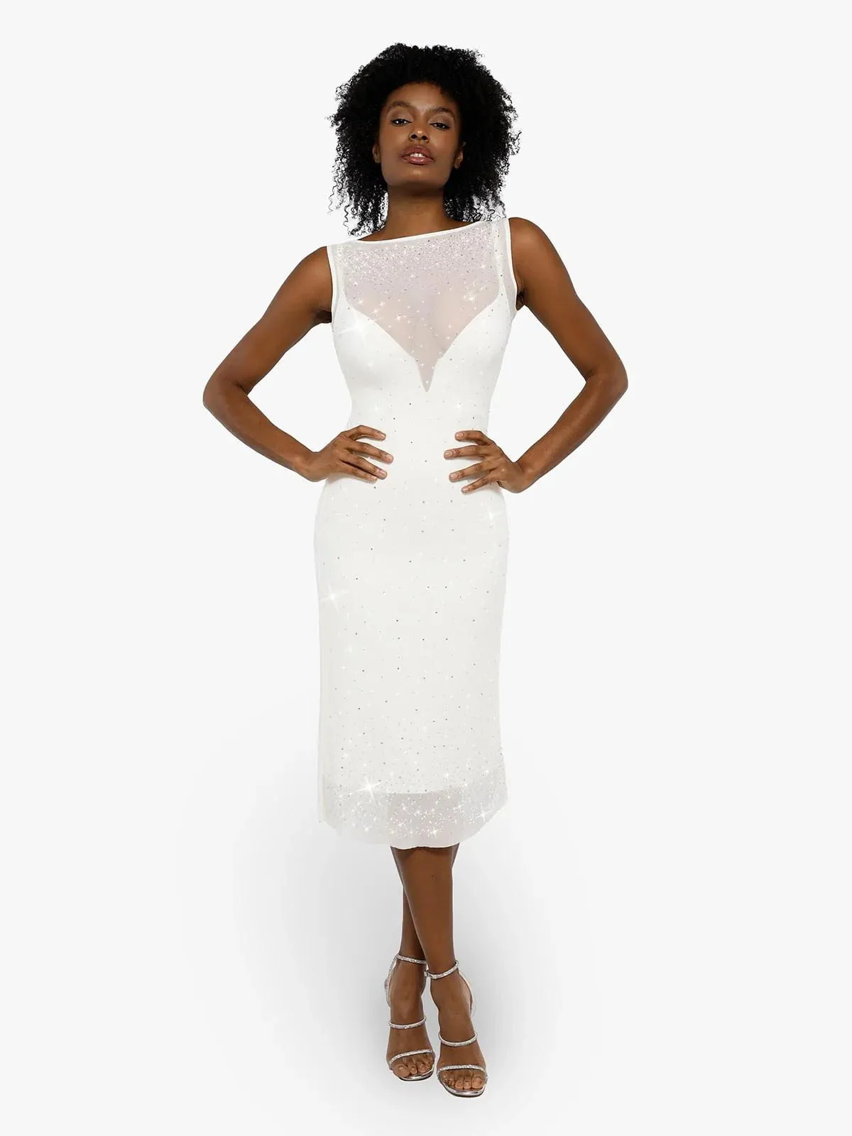 Shapewear Two-in-One Heat-Set Crystal Mesh Slim Midi Dress - Image 7