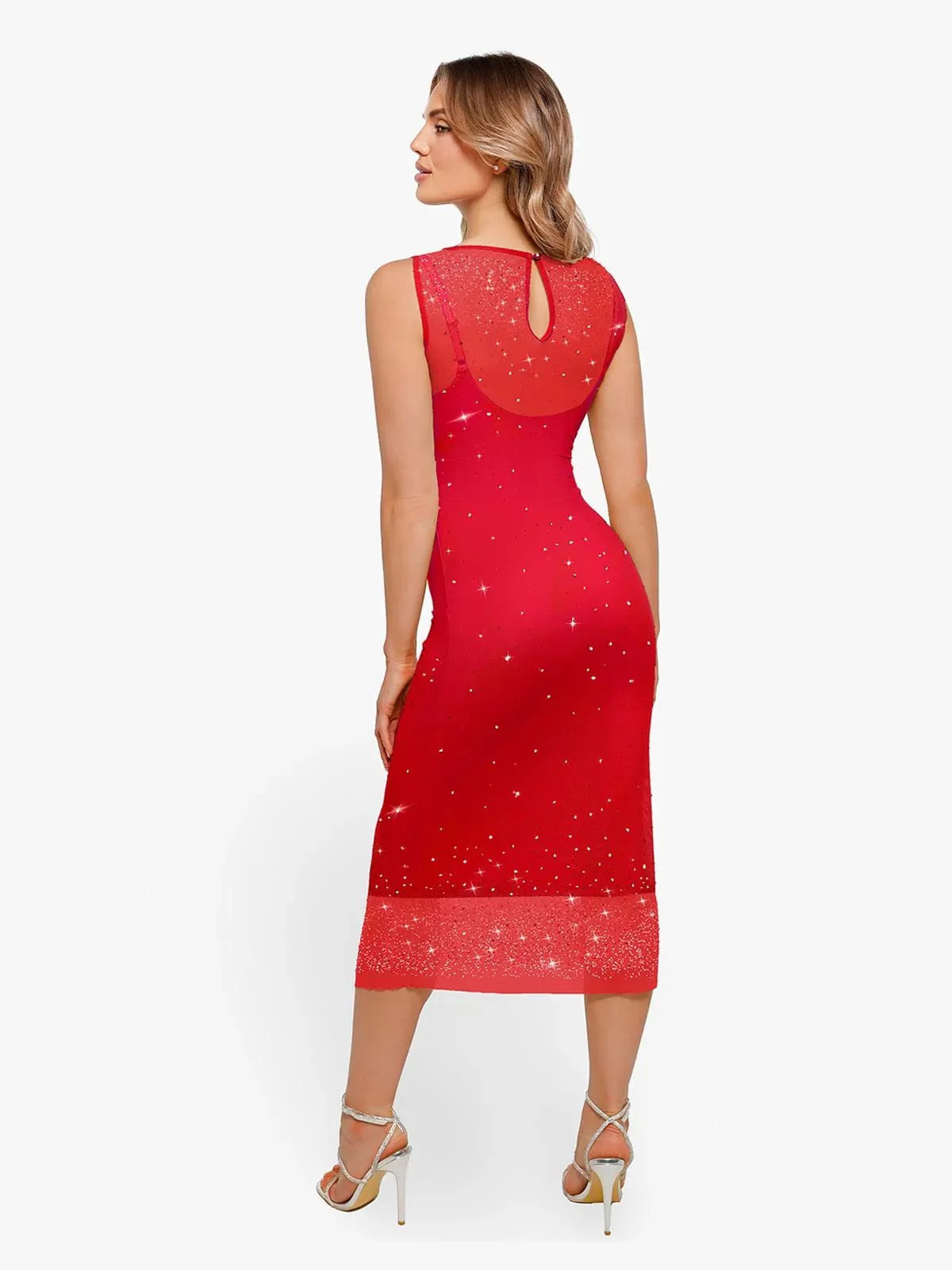Shapewear Two-in-One Heat-Set Crystal Mesh Slim Midi Dress - Image 22