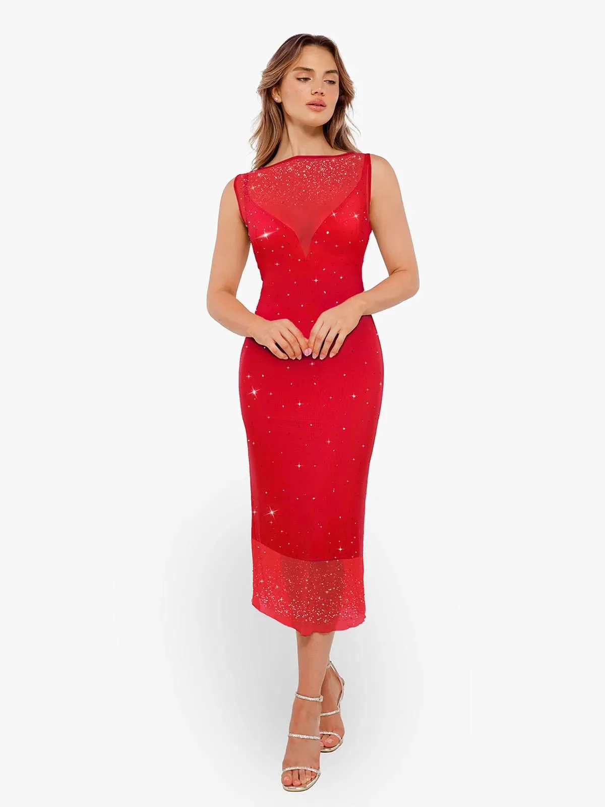 Shapewear Two-in-One Heat-Set Crystal Mesh Slim Midi Dress - Image 24
