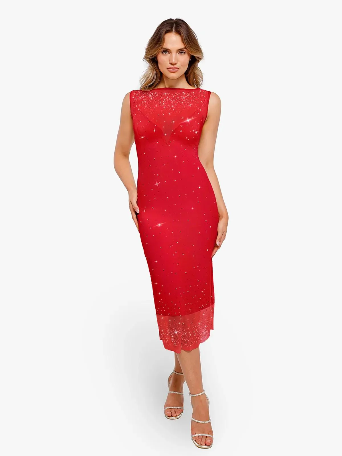 Shapewear Two-in-One Heat-Set Crystal Mesh Slim Midi Dress - Image 25