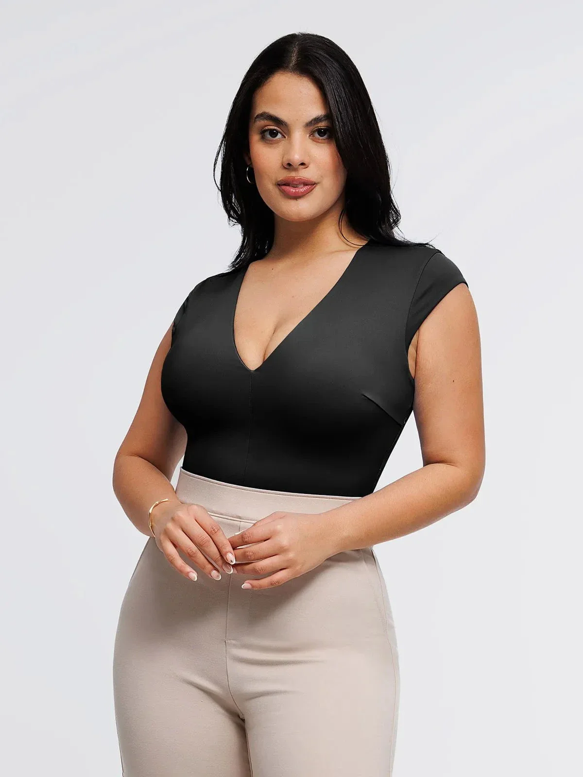 Shapewear V Neck Cap Sleeve Tummy Control Bodysuit - Image 11