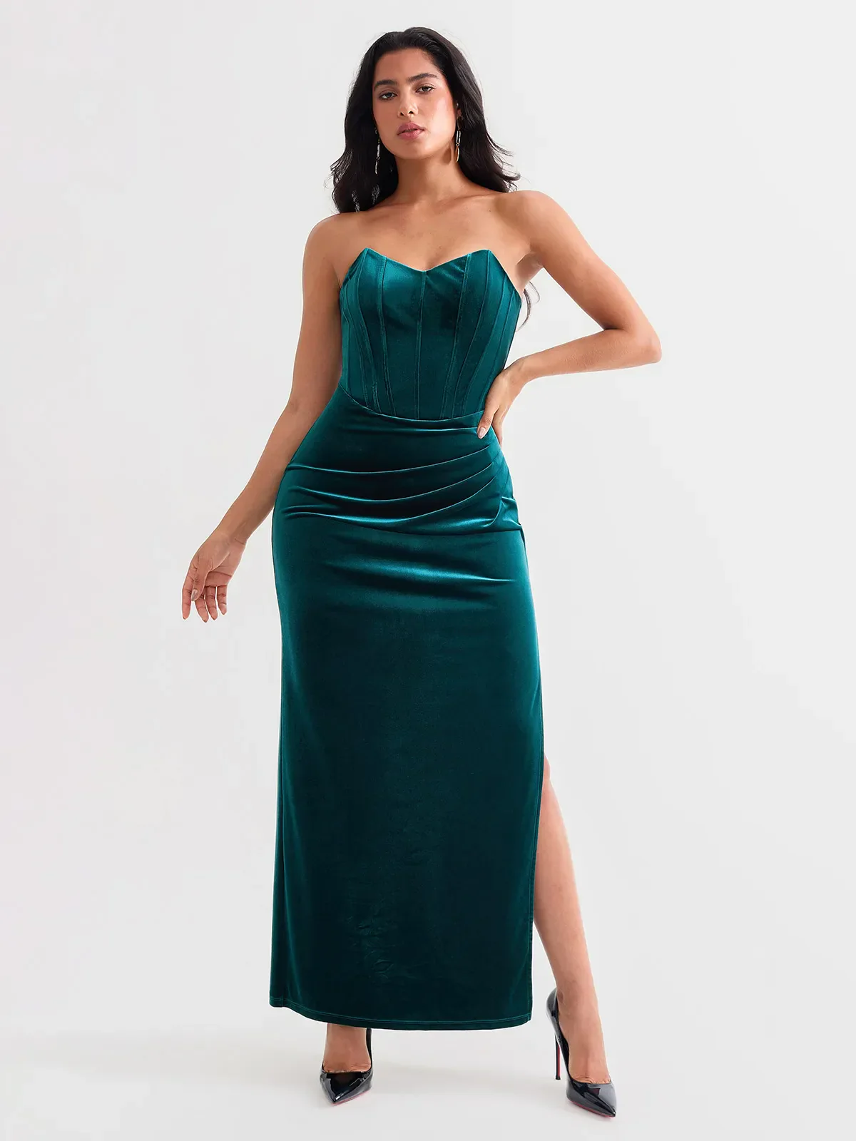 Strapless Velvet Ruched Sculpting Corset Gown - Image 29
