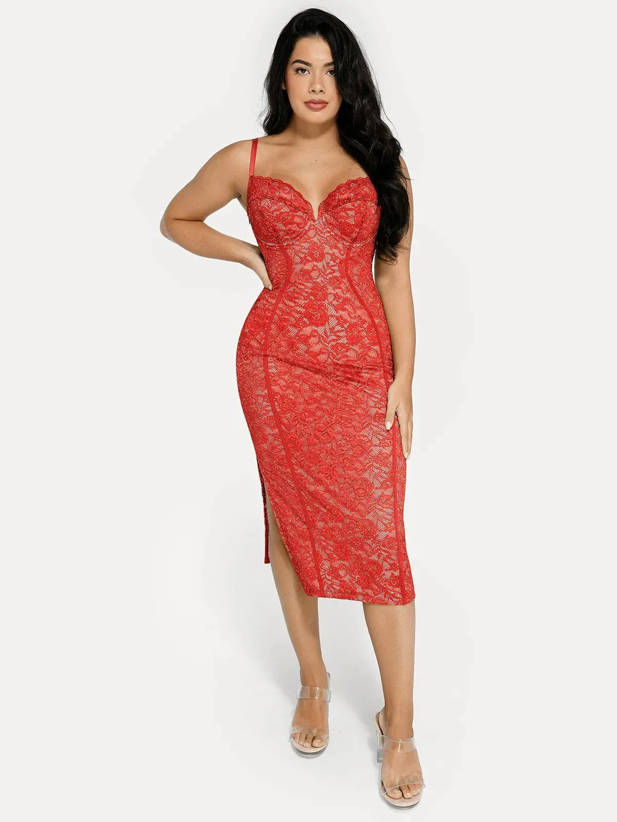 Shapewear All-Lace Hourglass Corset Side Slit Midi Dress - Image 11