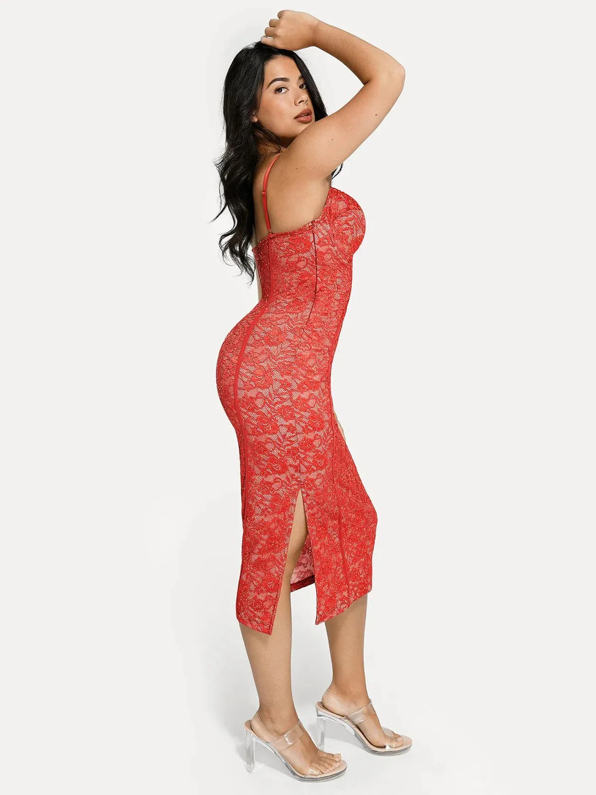 Shapewear All-Lace Hourglass Corset Side Slit Midi Dress - Image 13