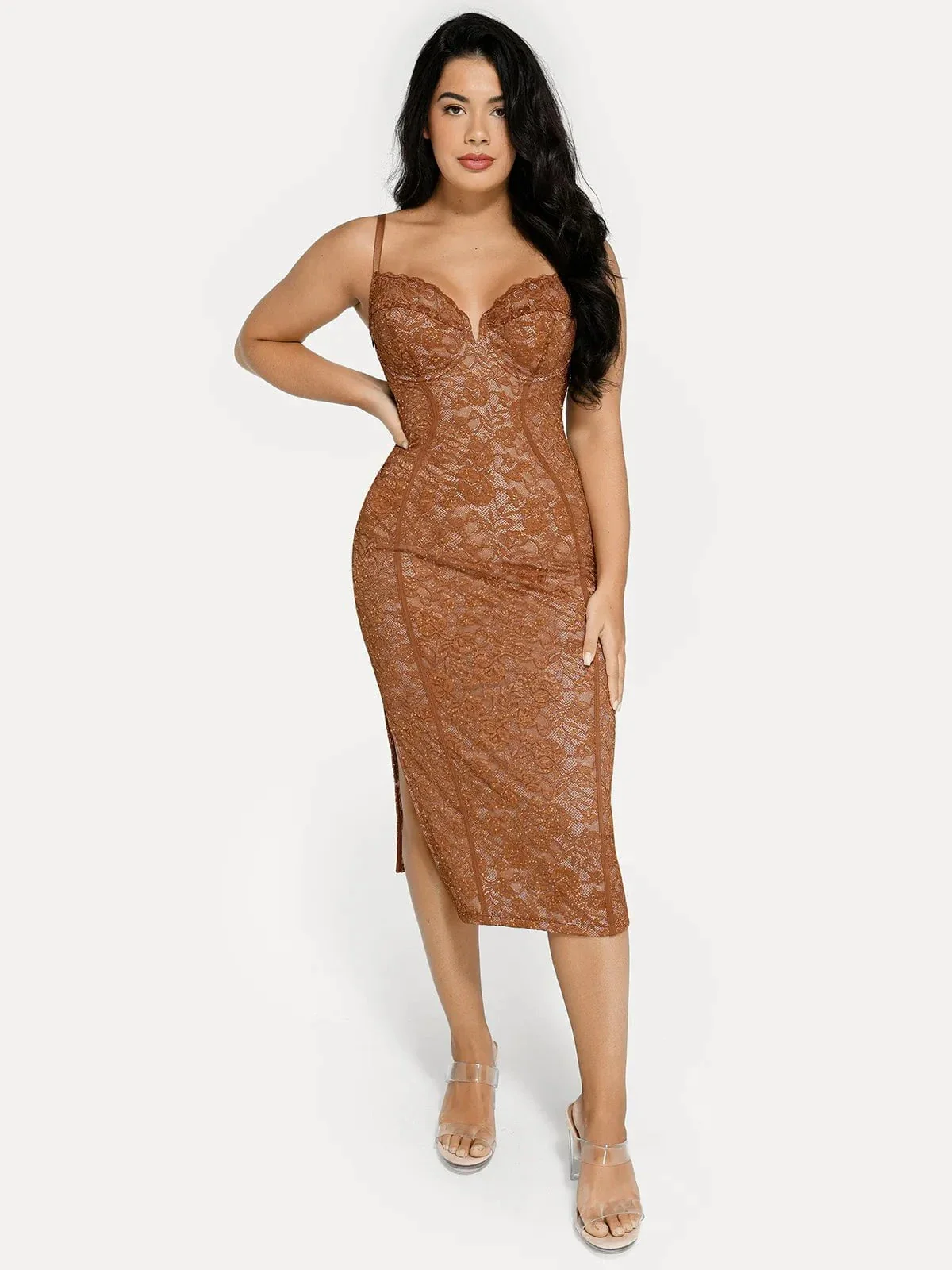 Shapewear All-Lace Hourglass Corset Side Slit Midi Dress - Image 16