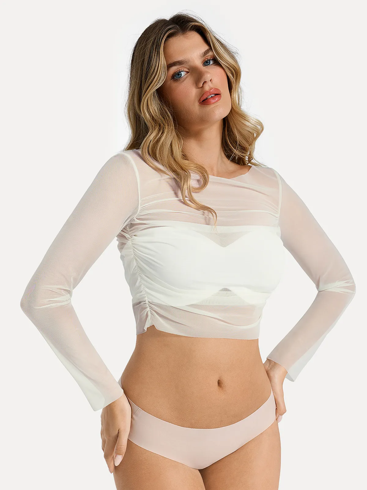 Long Sleeve Ruched Sheer Mesh Crop Top - Image 10
