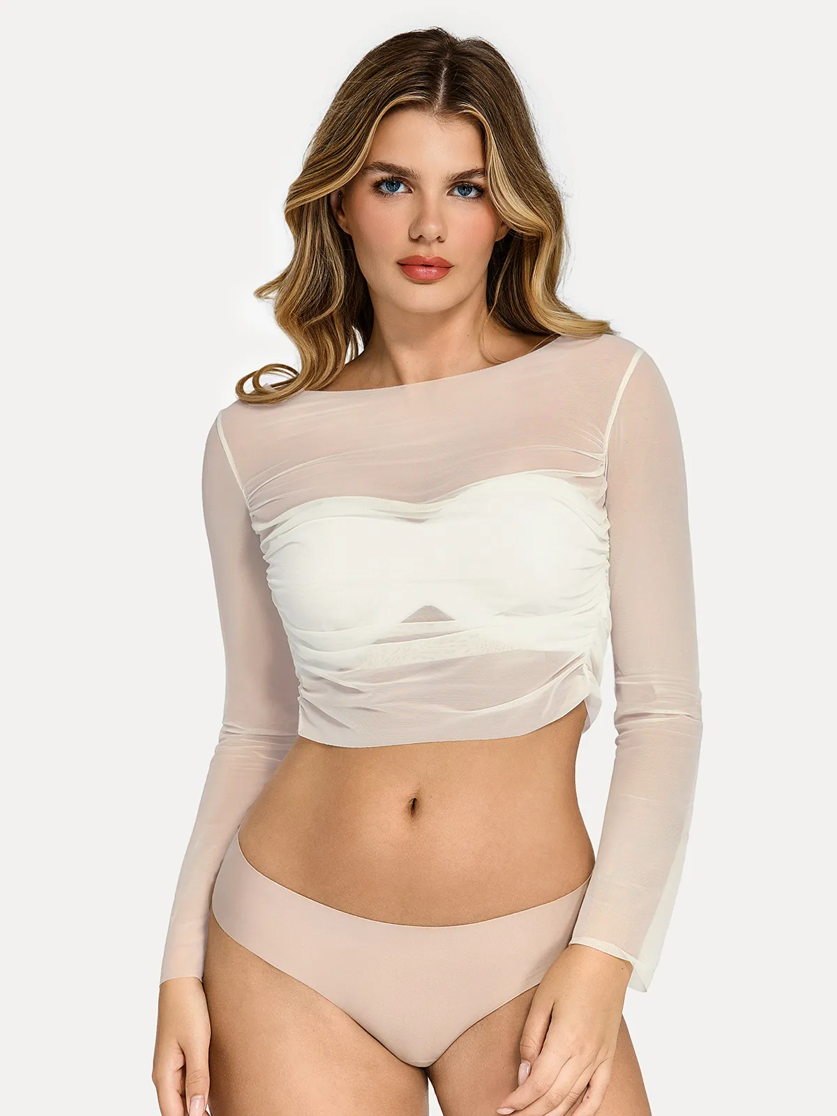Long Sleeve Ruched Sheer Mesh Crop Top - Image 7