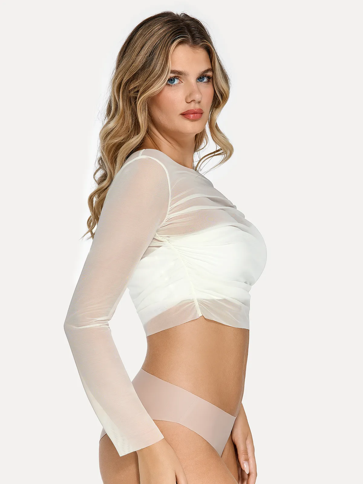 Long Sleeve Ruched Sheer Mesh Crop Top - Image 8