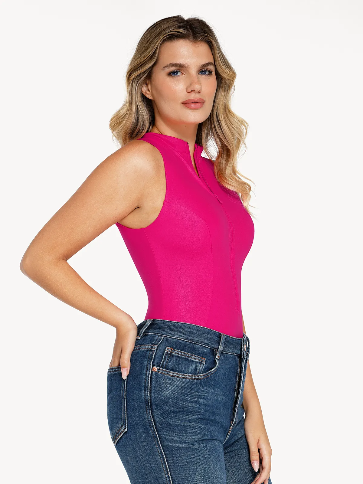 Shapewear Faux Leather Mock Neck Zip Front Sculpting Bodysuit - Image 14