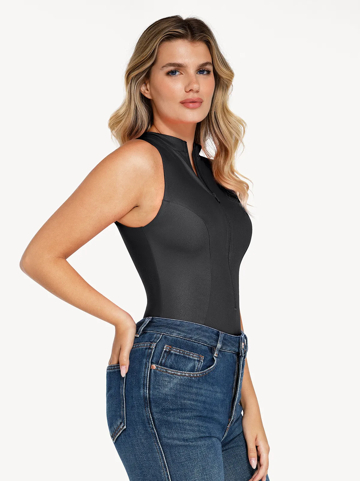 Shapewear Faux Leather Mock Neck Zip Front Sculpting Bodysuit - Image 5