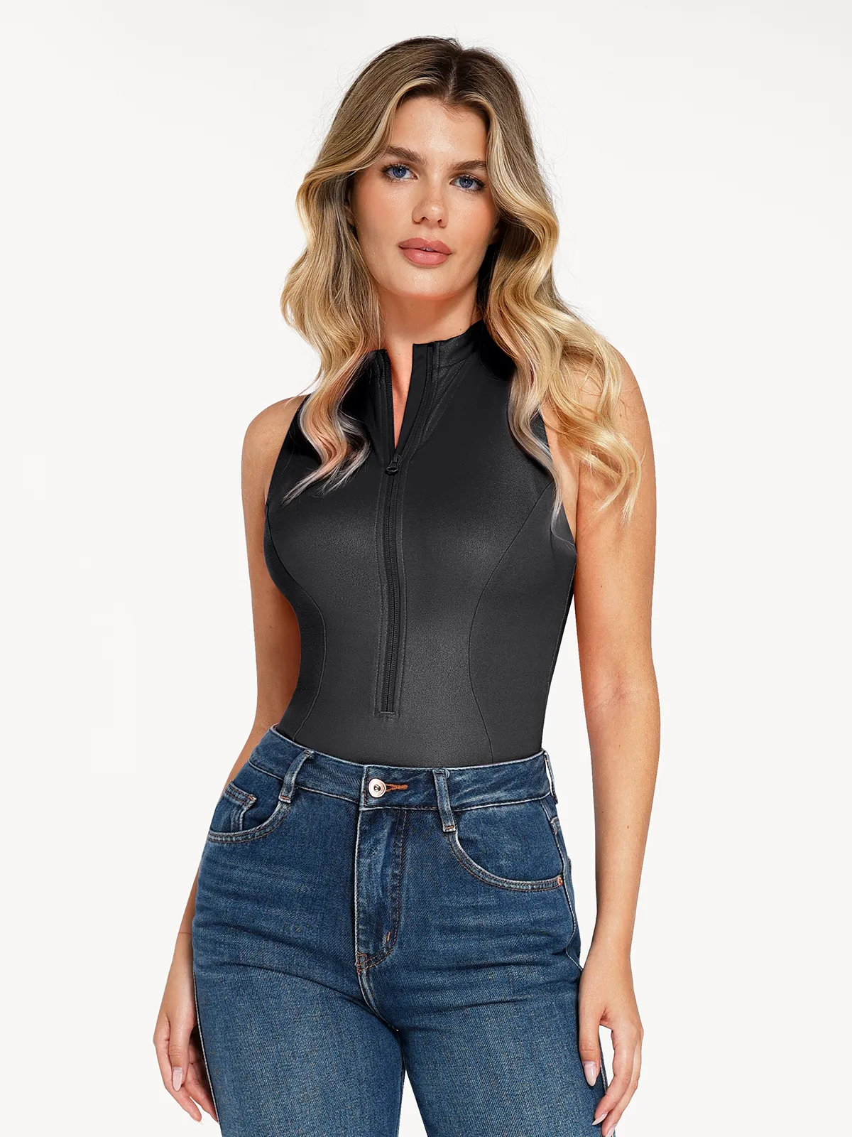 Shapewear Faux Leather Mock Neck Zip Front Sculpting Bodysuit - Image 6