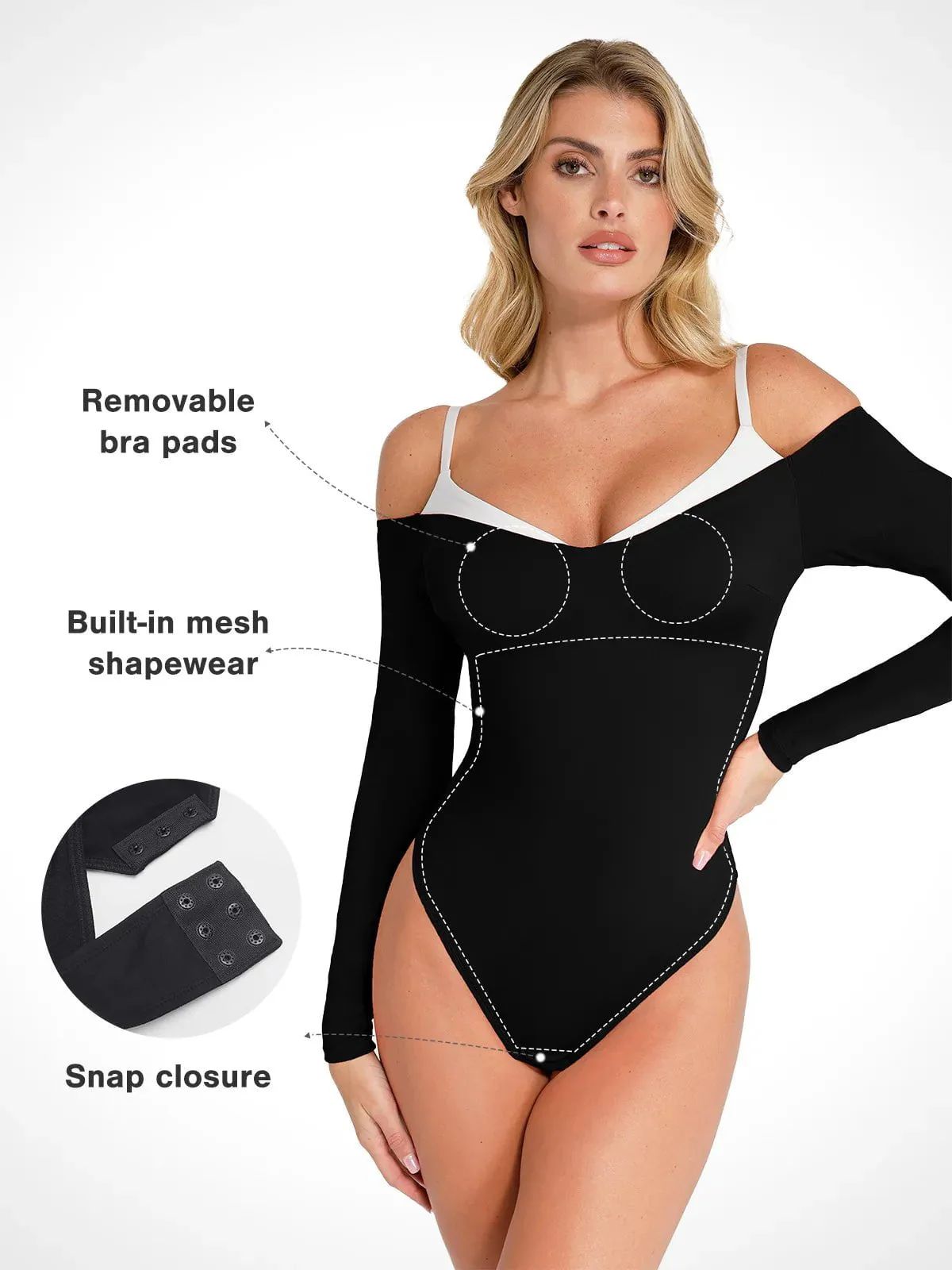 Shapewear Long Sleeve Cold Shoulder Tummy Control Bodysuit - Image 10