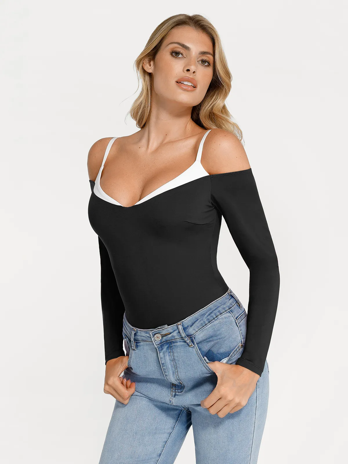 Shapewear Long Sleeve Cold Shoulder Tummy Control Bodysuit - Image 13
