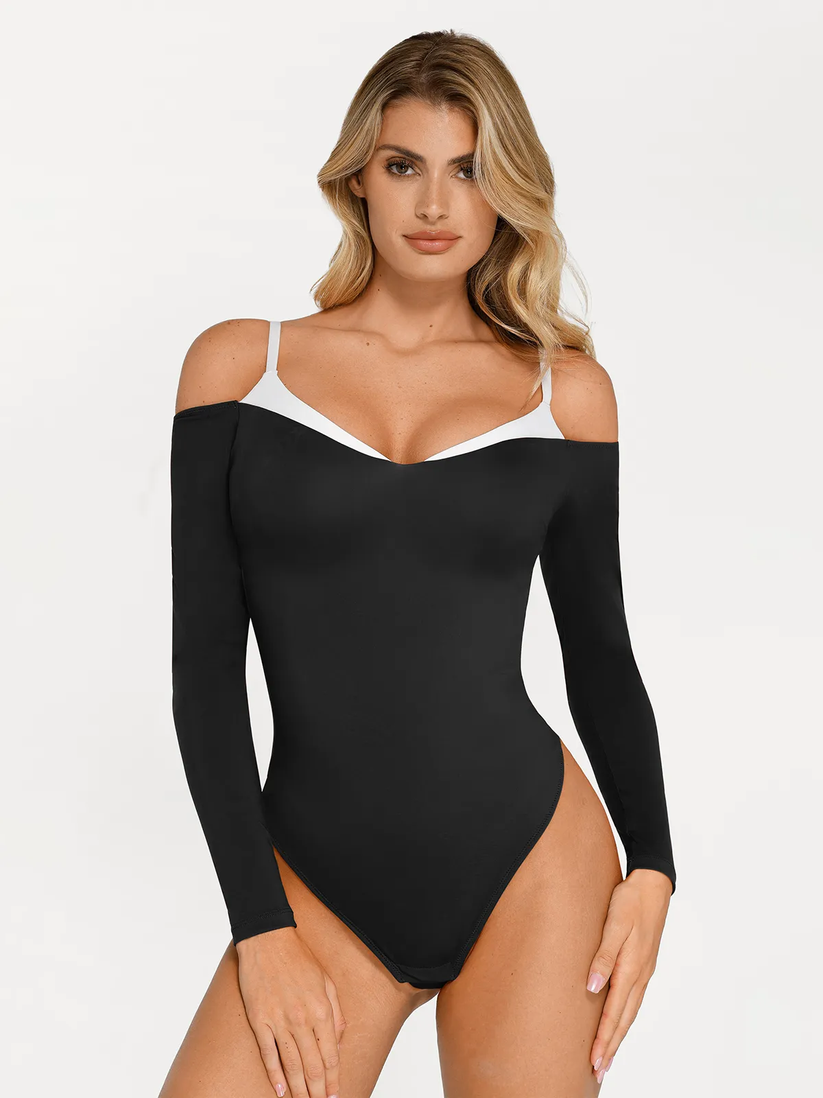 Shapewear Long Sleeve Cold Shoulder Tummy Control Bodysuit - Image 14