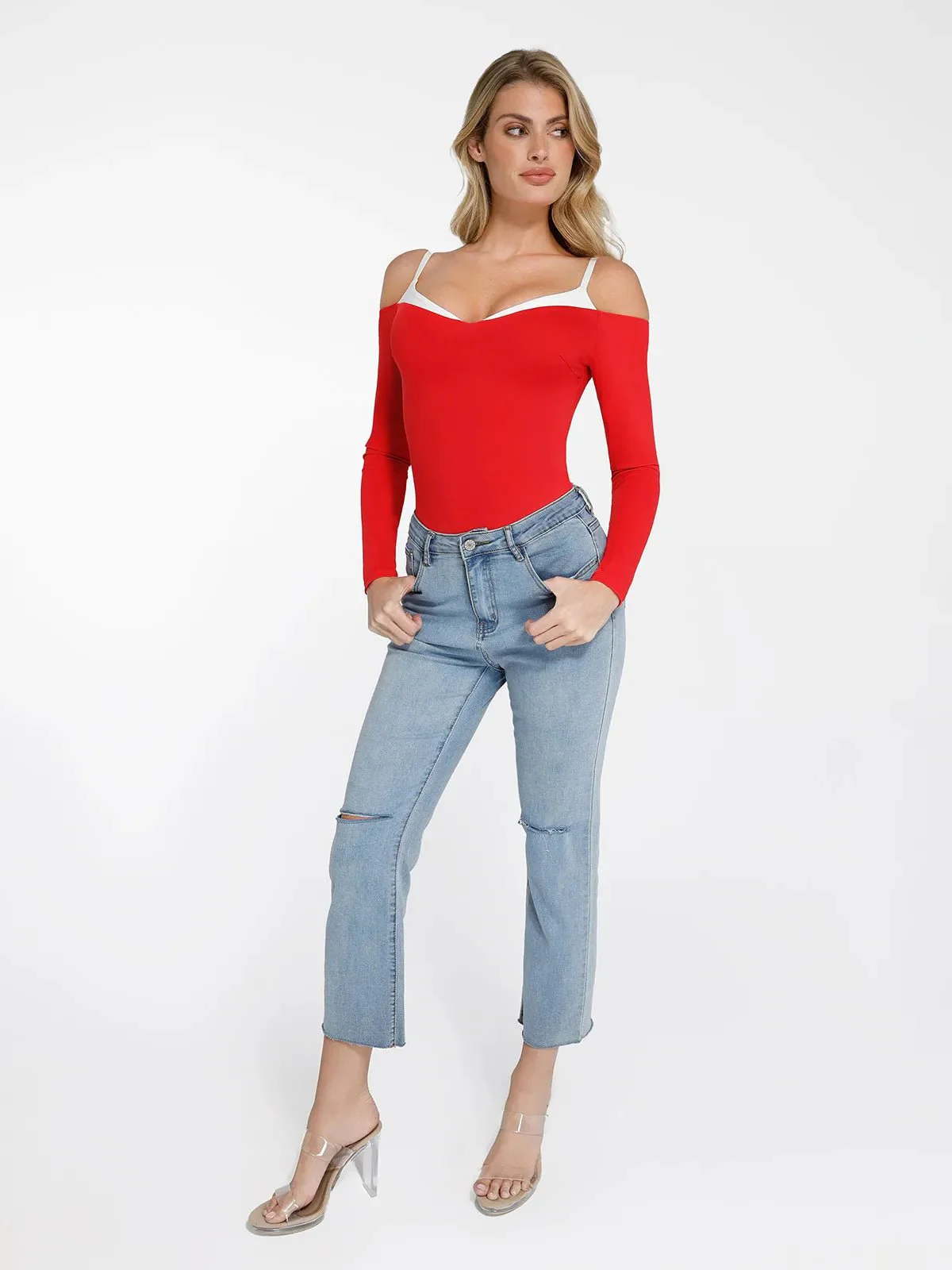 Shapewear Long Sleeve Cold Shoulder Tummy Control Bodysuit - Image 7