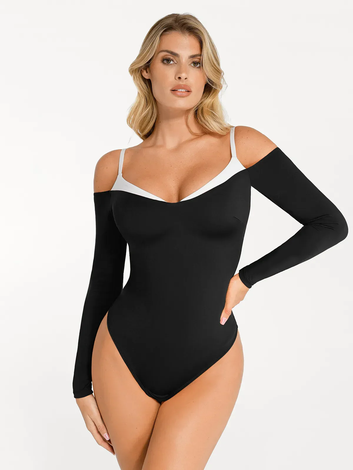 Shapewear Long Sleeve Cold Shoulder Tummy Control Bodysuit - Image 9