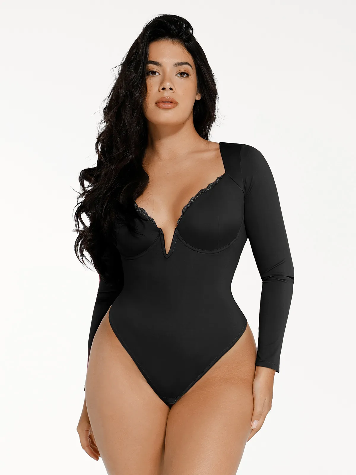 Shapewear Long Sleeve Lace Trim V-Neck Slimming Bodysuit - Image 16