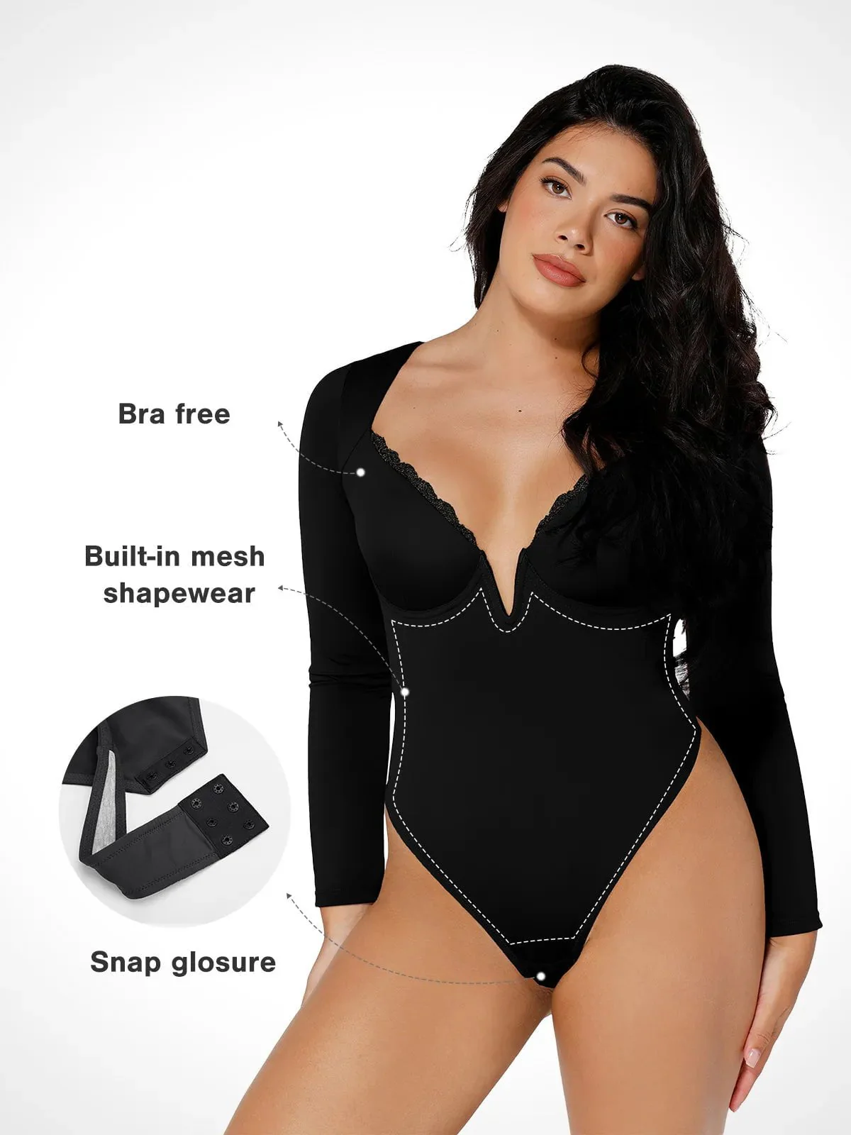 Shapewear Long Sleeve Lace Trim V-Neck Slimming Bodysuit - Image 17