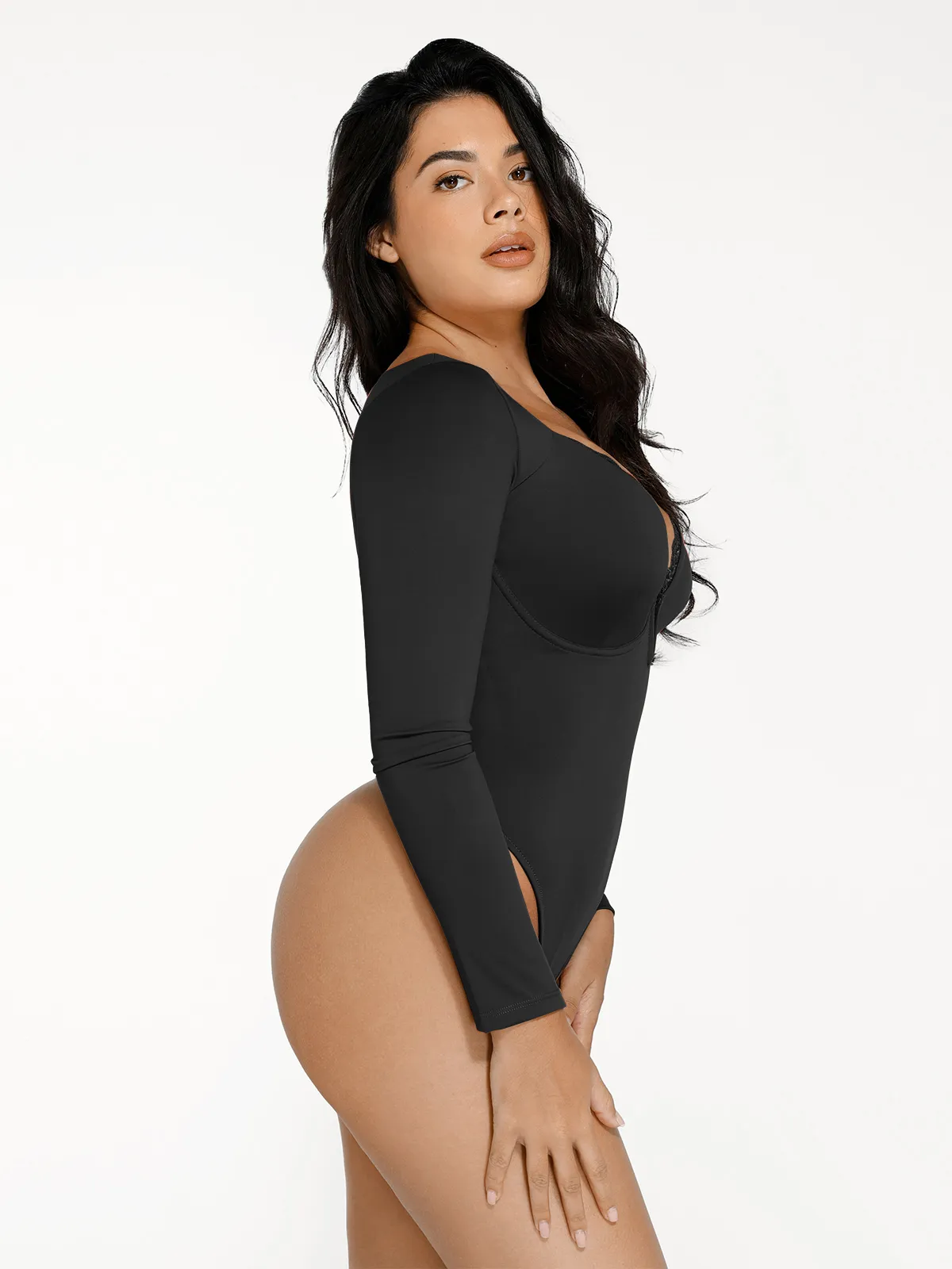 Shapewear Long Sleeve Lace Trim V-Neck Slimming Bodysuit - Image 18