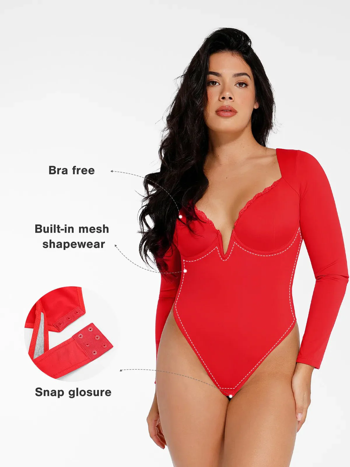 Shapewear Long Sleeve Lace Trim V-Neck Slimming Bodysuit - Image 2